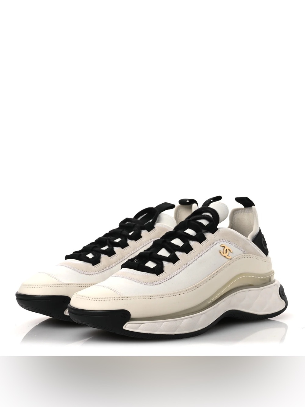 CHANEL Cream and Black Women's Low-Top Sneakers with Gold CC Emblem